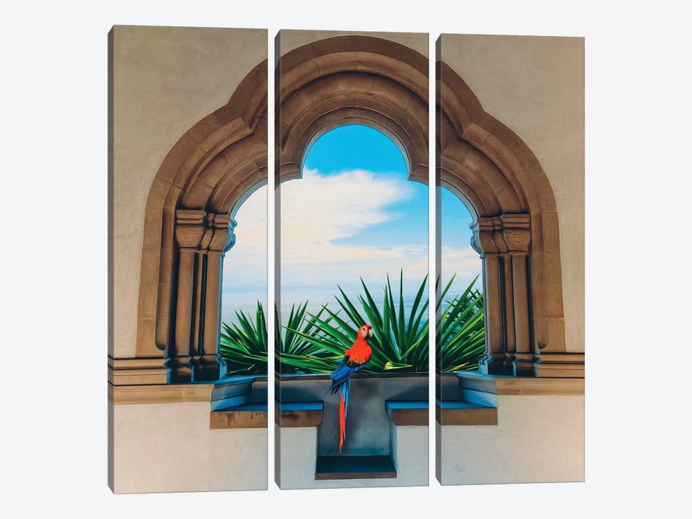 Ara's Red Parrot On The Ledge Of An Archway Overlooking The Sea by Ievgeniia Bidiuk 3-piece Canvas Artwork