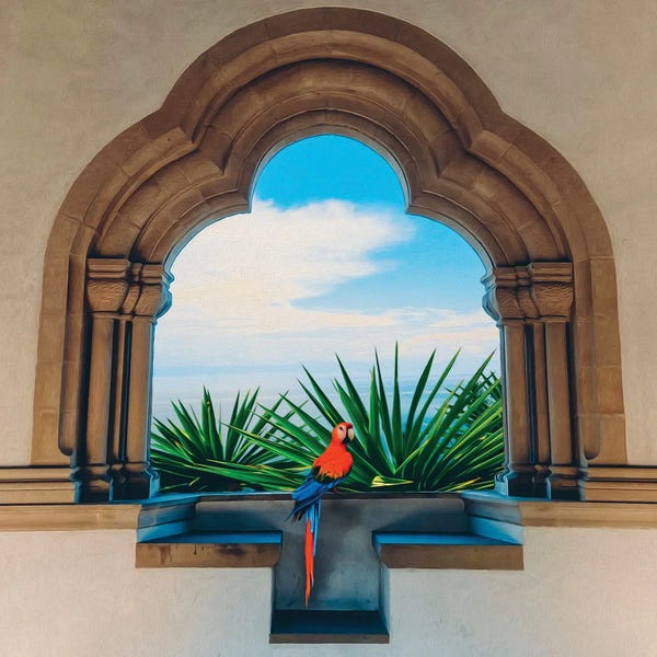 Ievgeniia Bidiuk: Ara's Red Parrot On The Ledge Of An Archway Overlooking The Sea by Ievgeniia Bidiuk