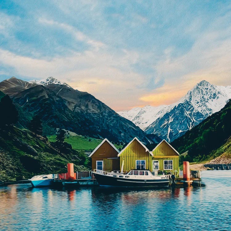 Wooden Yellow Cottages On A Lake In The Mountains