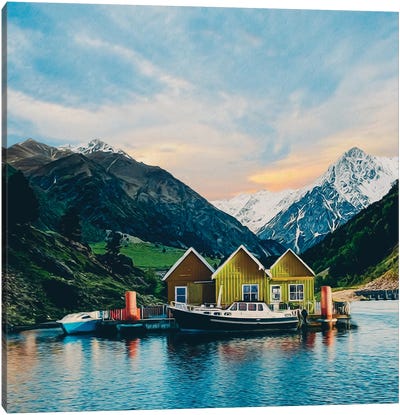 Wooden Yellow Cottages On A Lake In The Mountains Canvas Art Print - Ievgeniia Bidiuk