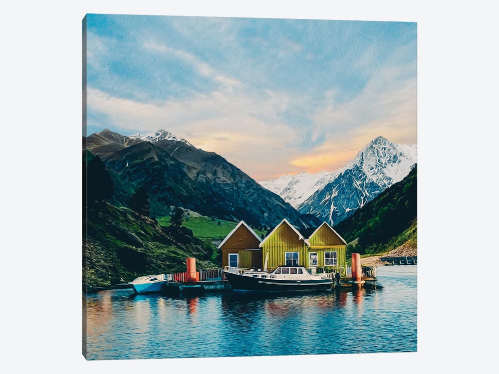 Wooden Yellow Cottages On A Lake In The Mountains by Ievgeniia Bidiuk 1-piece Canvas Print