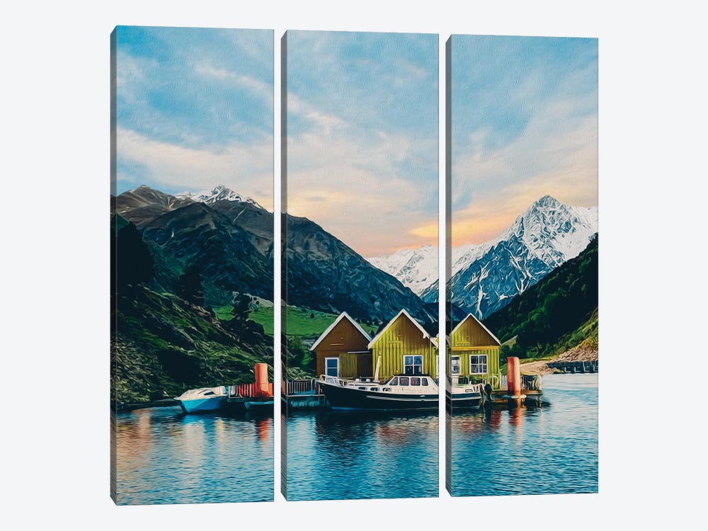 Wooden Yellow Cottages On A Lake In The Mountains by Ievgeniia Bidiuk 3-piece Canvas Art Print