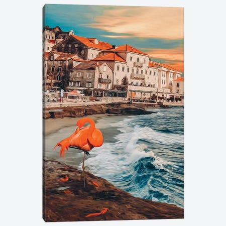 Flamingos On The Seashore Near The Old Town Canvas Print #IVG443} by Ievgeniia Bidiuk Canvas Art
