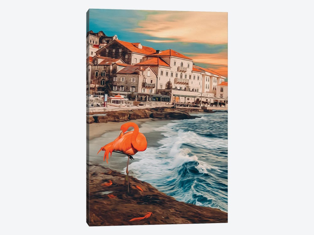 Flamingos On The Seashore Near The Old Town by Ievgeniia Bidiuk 1-piece Canvas Wall Art