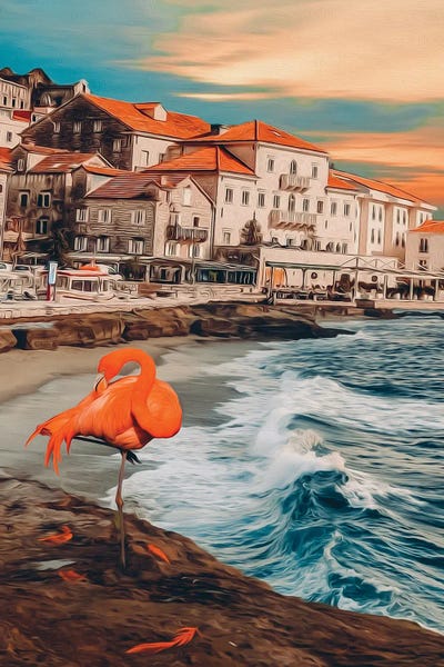 Ievgeniia Bidiuk: Flamingos On The Seashore Near The Old Town by Ievgeniia Bidiuk