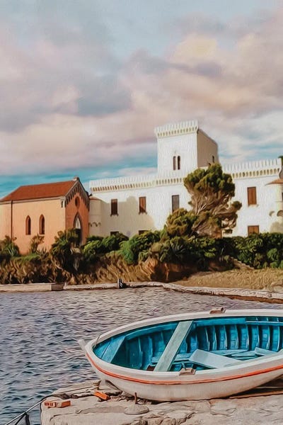 Ievgeniia Bidiuk: A Wooden Boat On The Beach Near The Old Town by Ievgeniia Bidiuk