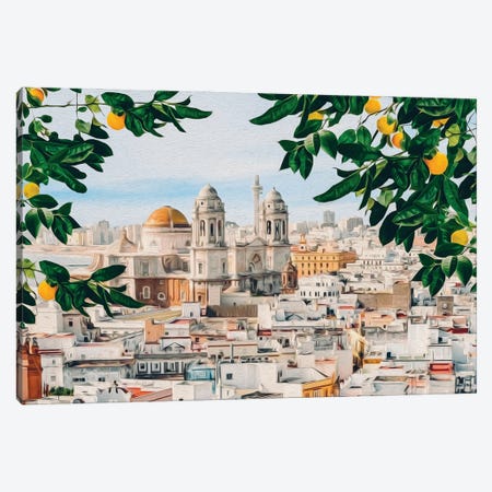 Lemon Branches Against The Background Of The Spanish Old Town Of Cadiz Canvas Print #IVG447} by Ievgeniia Bidiuk Canvas Art Print
