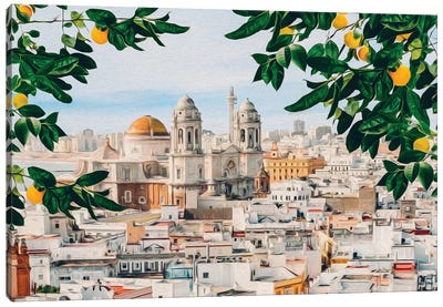 Lemon Branches Against The Background Of The Spanish Old Town Of Cadiz Canvas Art Print