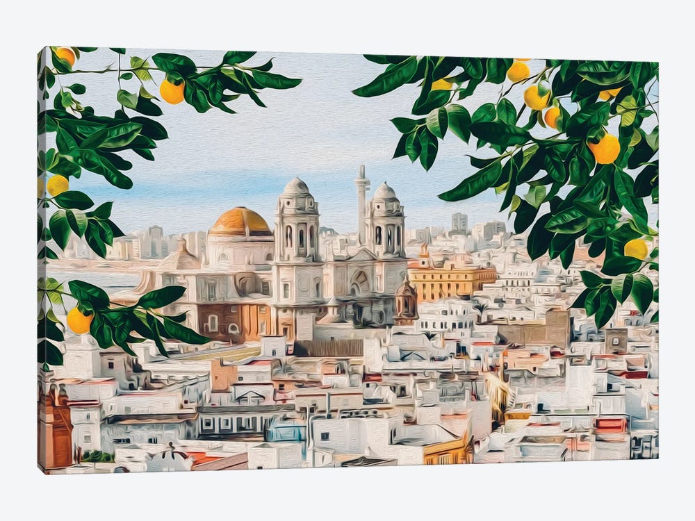 Lemon Branches Against The Background Of The Spanish Old Town Of Cadiz by Ievgeniia Bidiuk 1-piece Canvas Wall Art
