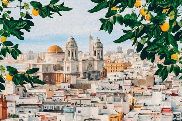 Andalusia: Lemon Branches Against The Background Of The Spanish Old Town Of Cadiz by Ievgeniia Bidiuk