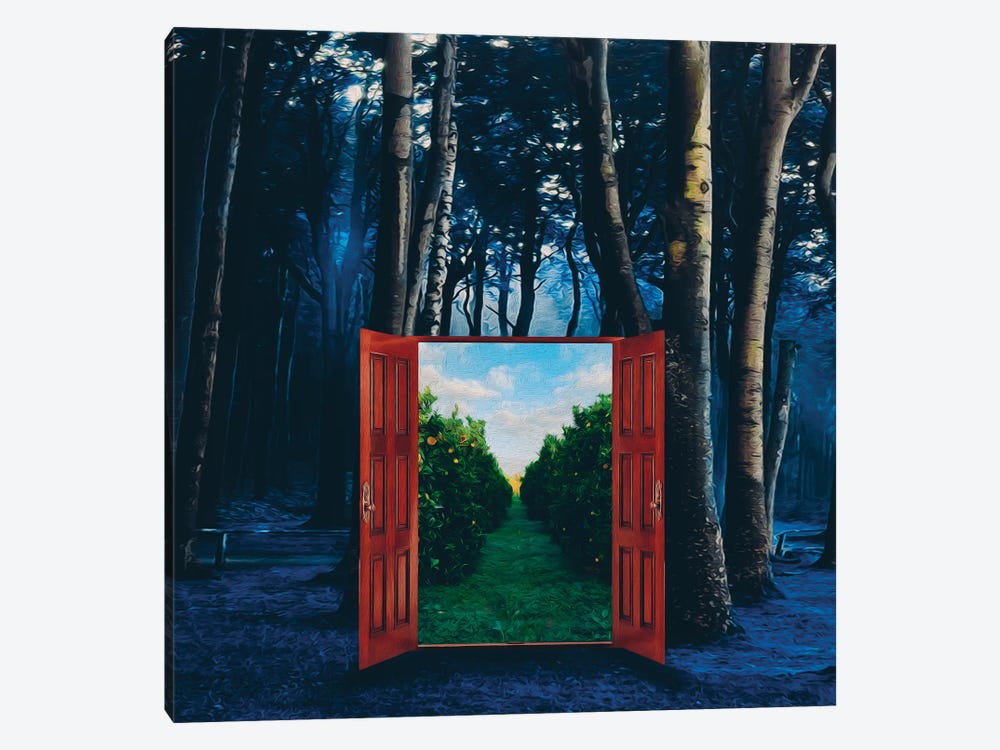 Open Doors To A Summer Garden In The Forest At Night by Ievgeniia Bidiuk 1-piece Canvas Wall Art
