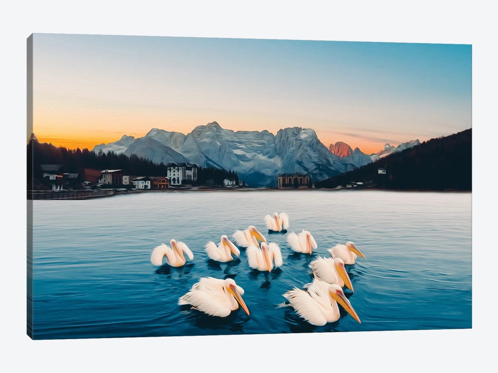 Pelicans Swimming In A Flock On The Lake by Ievgeniia Bidiuk 1-piece Canvas Art