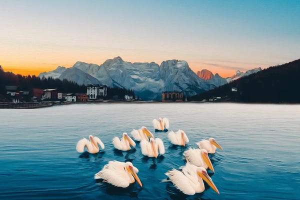 Ievgeniia Bidiuk: Pelicans Swimming In A Flock On The Lake by Ievgeniia Bidiuk