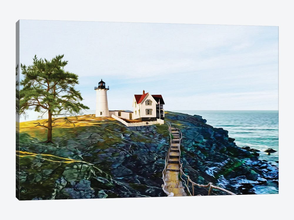 A Stone Staircase Across The Cliffs To The Lighthouse by Ievgeniia Bidiuk 1-piece Canvas Wall Art