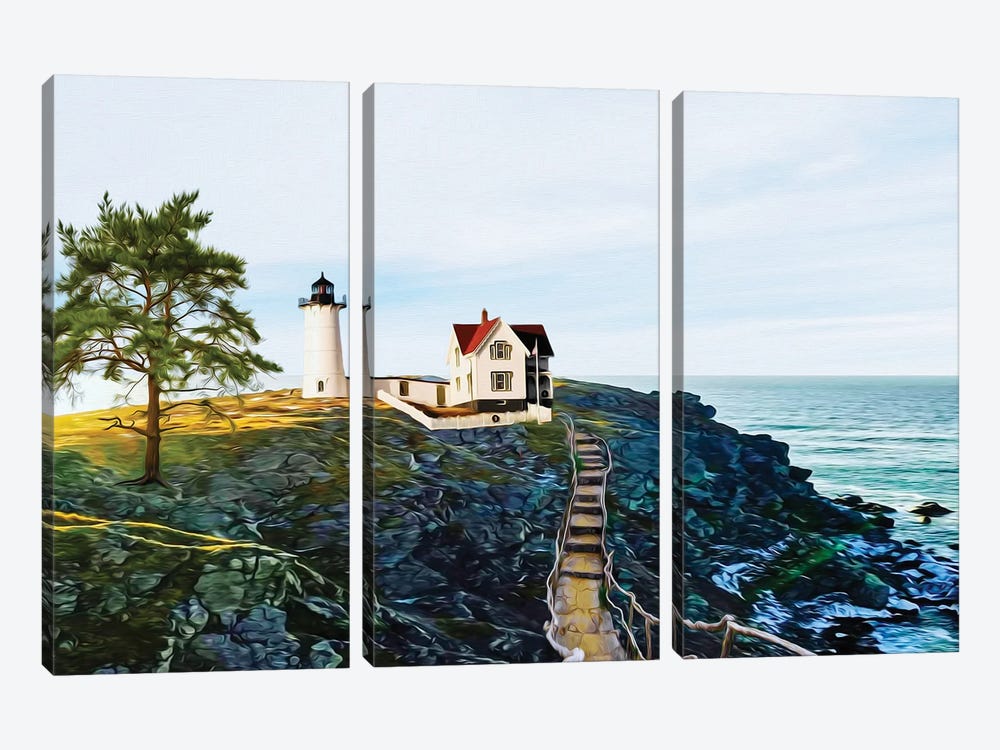 A Stone Staircase Across The Cliffs To The Lighthouse by Ievgeniia Bidiuk 3-piece Canvas Wall Art
