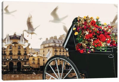 A Carriage With Flowers In The Streets Of Paris Canvas Art Print - Carriage & Wagon Art