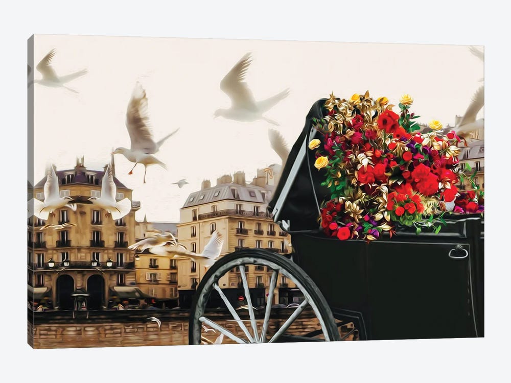 A Carriage With Flowers In The Streets Of Paris by Ievgeniia Bidiuk 1-piece Canvas Print