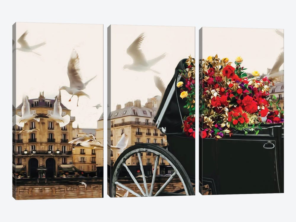A Carriage With Flowers In The Streets Of Paris by Ievgeniia Bidiuk 3-piece Canvas Print