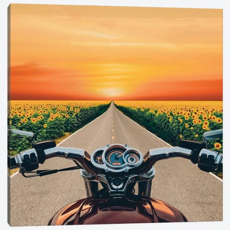 A View From The Motorbike Driver's Perspective Of Fields Of Sunflowers In Bloom Canvas Print #IVG465} by Ievgeniia Bidiuk Art Print