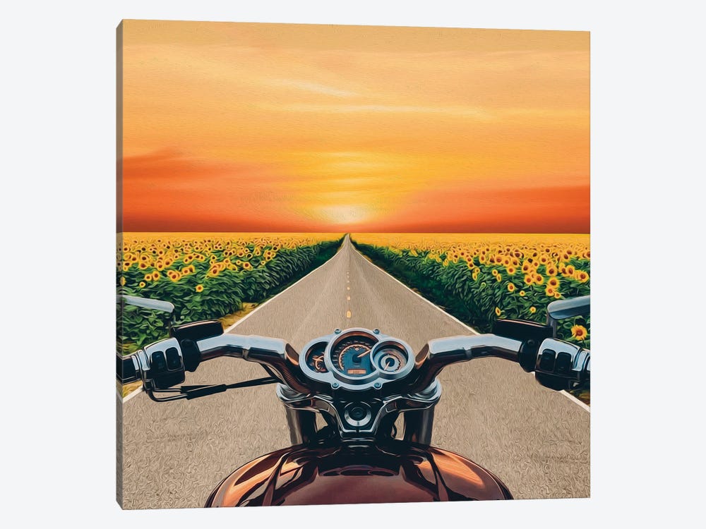 A View From The Motorbike Driver's Perspective Of Fields Of Sunflowers In Bloom by Ievgeniia Bidiuk 1-piece Canvas Art