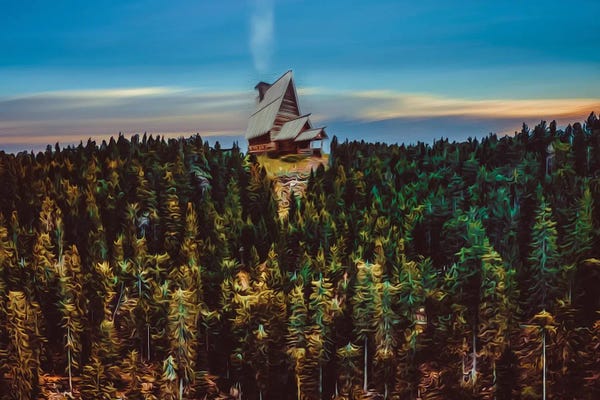 Ievgeniia Bidiuk: A House On A Hill In The Forest In Autumn by Ievgeniia Bidiuk