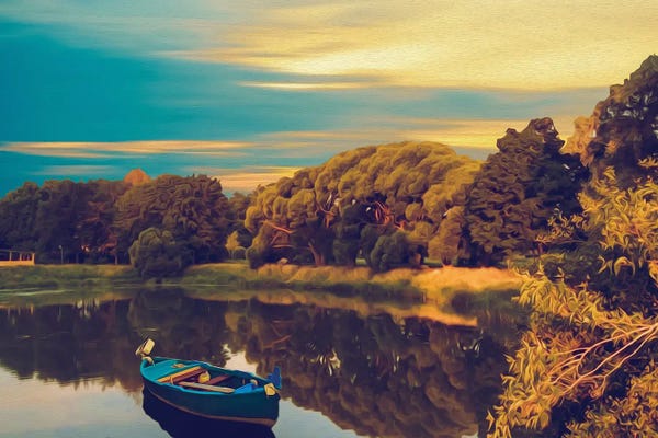 Ievgeniia Bidiuk: A Boat On A Lake In An Autumn Park by Ievgeniia Bidiuk