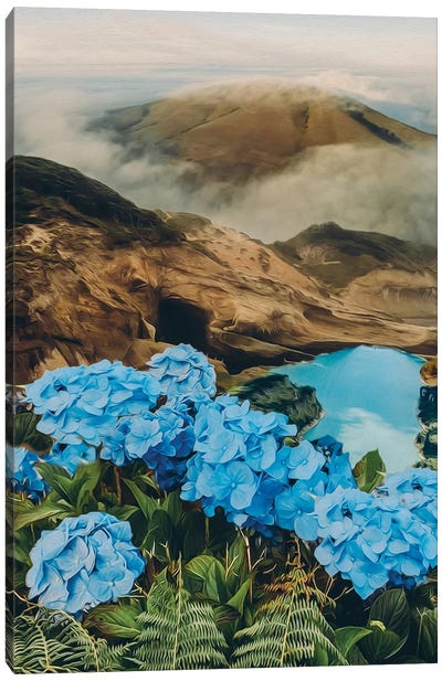 Blue Hydrangea In The Mountains Overlooking The Lake Canvas Art Print - Hydrangea Art