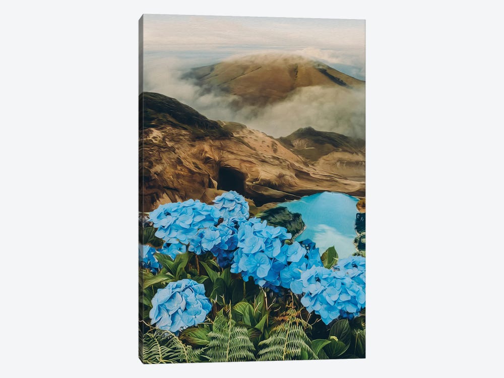 Blue Hydrangea In The Mountains Overlooking The Lake by Ievgeniia Bidiuk 1-piece Canvas Art