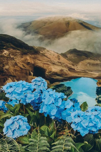 Ievgeniia Bidiuk: Blue Hydrangea In The Mountains Overlooking The Lake by Ievgeniia Bidiuk
