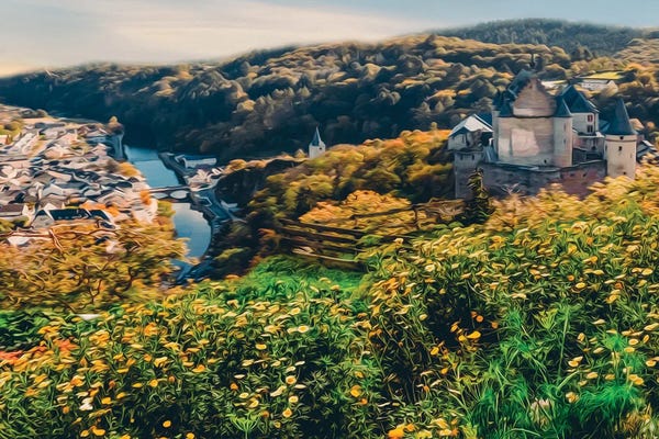 Ievgeniia Bidiuk: A Colourful View From The Clearing Over The Old Town With Its Castle And Small Houses by Ievgeniia Bidiuk
