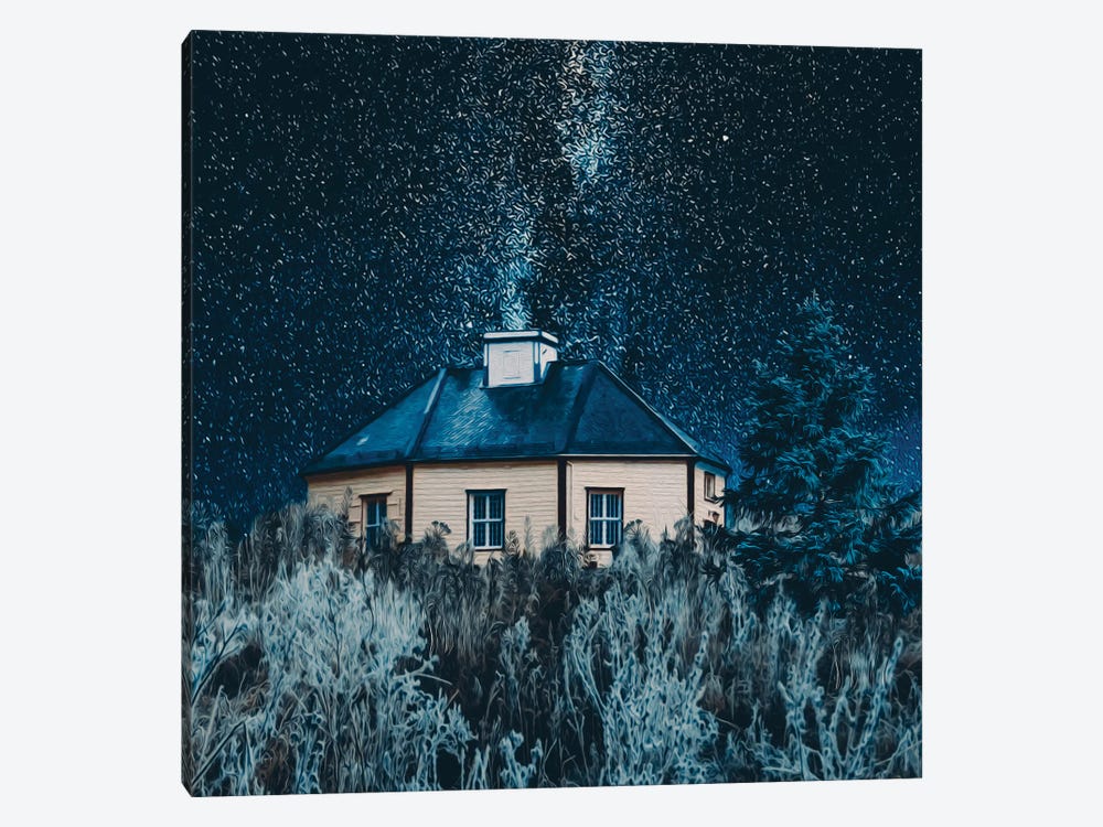 A Winter Night And A Wooden House In A Meadow by Ievgeniia Bidiuk 1-piece Canvas Art Print