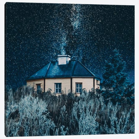 A Winter Night And A Wooden House In A Meadow Canvas Print #IVG477} by Ievgeniia Bidiuk Canvas Art