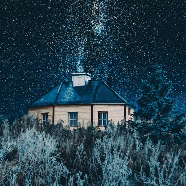 Ievgeniia Bidiuk: A Winter Night And A Wooden House In A Meadow by Ievgeniia Bidiuk