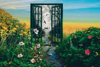A Flower Meadow With Open Doors To A Misty Tunnel Of Trees by Ievgeniia Bidiuk framed wall art