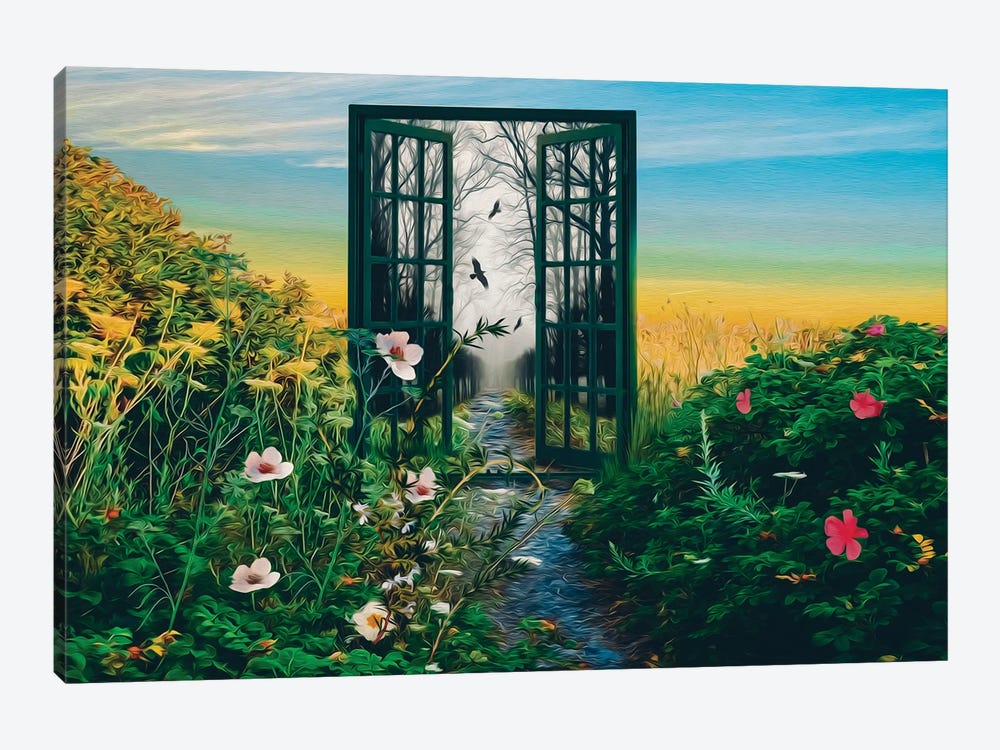 A Flower Meadow With Open Doors To A Misty Tunnel Of Trees by Ievgeniia Bidiuk 1-piece Art Print