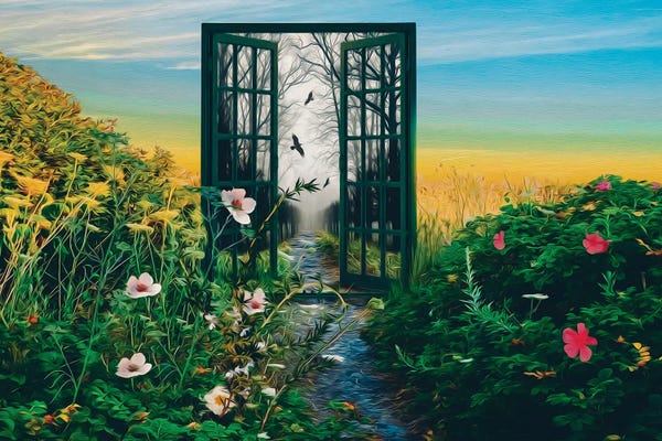 Ievgeniia Bidiuk: A Flower Meadow With Open Doors To A Misty Tunnel Of Trees by Ievgeniia Bidiuk