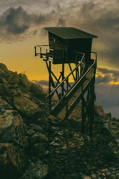 Ievgeniia Bidiuk: A Wooden Hut On Stilts In The Mountains by Ievgeniia Bidiuk