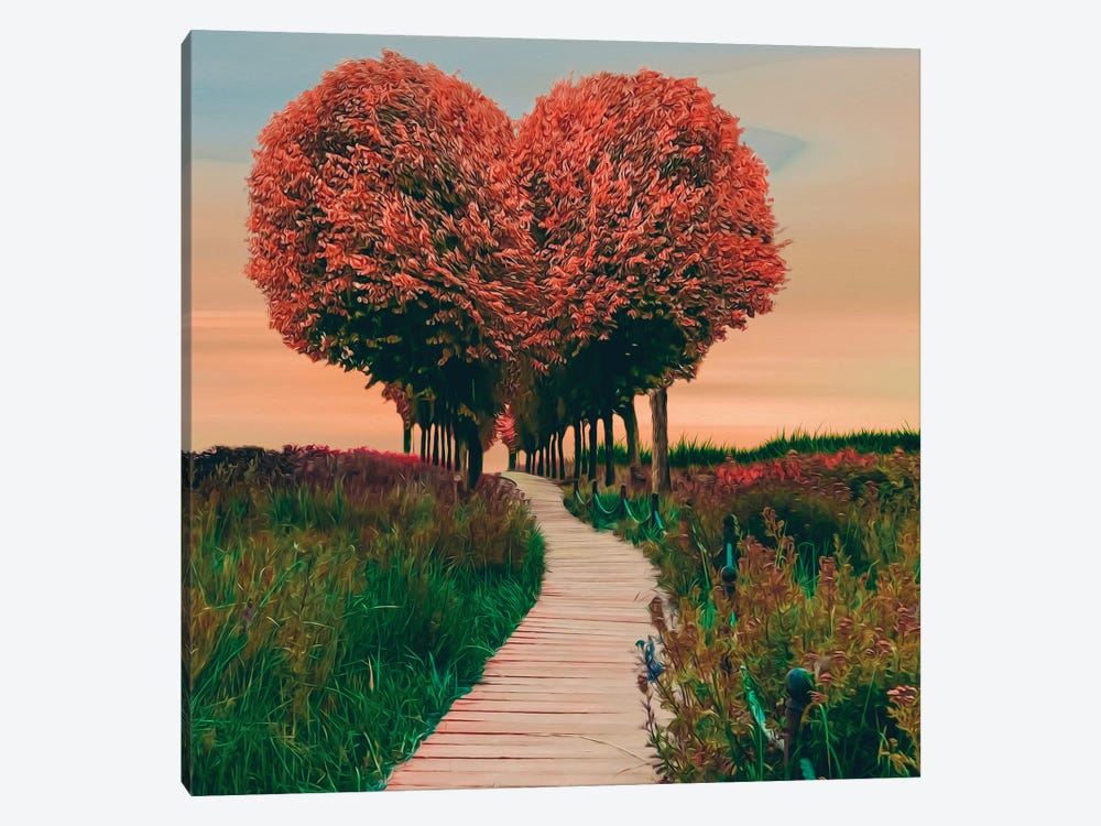 A Wooden Path Leading To A Heart-Shaped Tunnel Of Trees by Ievgeniia Bidiuk 1-piece Canvas Art Print