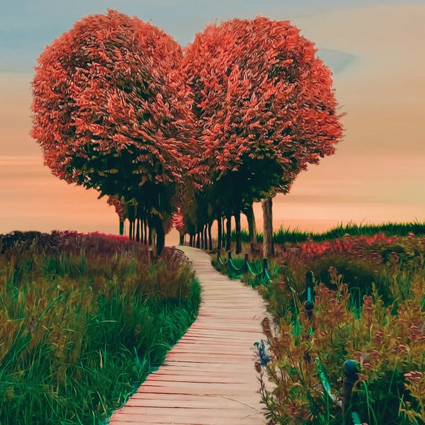 Ievgeniia Bidiuk: A Wooden Path Leading To A Heart-Shaped Tunnel Of Trees by Ievgeniia Bidiuk