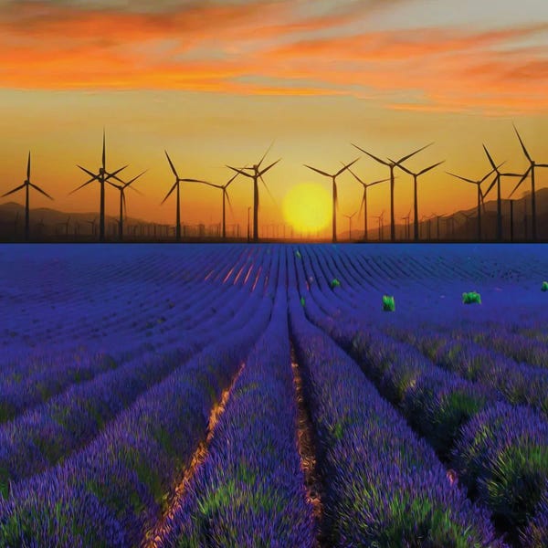 Ievgeniia Bidiuk: A Wind Farm In A Lavender Field by Ievgeniia Bidiuk