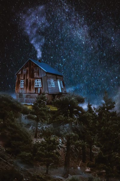 A Winter Night With A House On A Forest Hill by Ievgeniia Bidiuk framed wall art