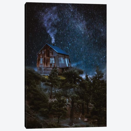 A Winter Night With A House On A Forest Hill Canvas Print #IVG490} by Ievgeniia Bidiuk Canvas Print