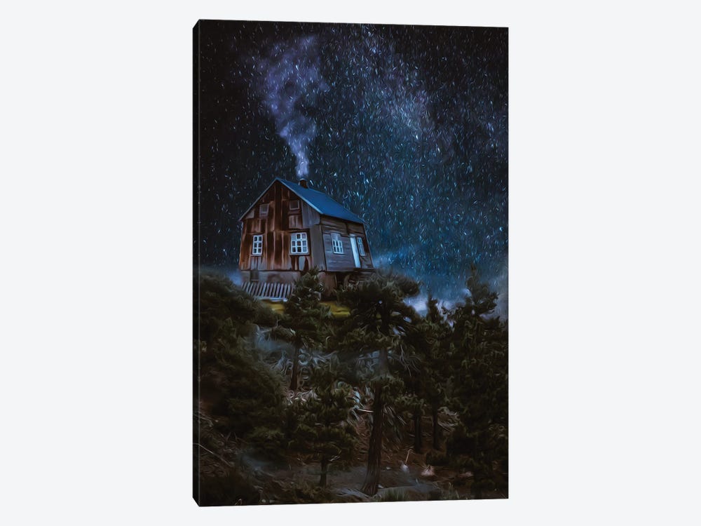 A Winter Night With A House On A Forest Hill by Ievgeniia Bidiuk 1-piece Canvas Artwork