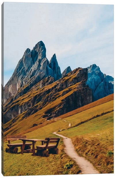 A Wooden Table And Chairs In The Mountains Canvas Art Print - Take a Hike