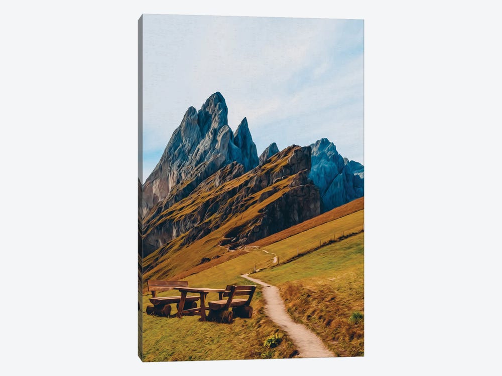 A Wooden Table And Chairs In The Mountains by Ievgeniia Bidiuk 1-piece Canvas Print