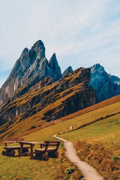 Ievgeniia Bidiuk: A Wooden Table And Chairs In The Mountains by Ievgeniia Bidiuk