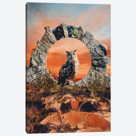 An Owl In The Center Of A Stone Arch With A Wildlife Backdrop Canvas Print #IVG493} by Ievgeniia Bidiuk Canvas Print