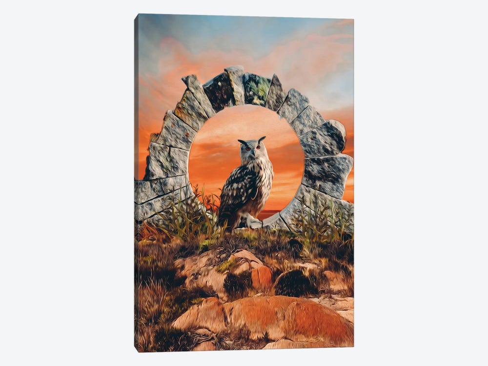 An Owl In The Center Of A Stone Arch With A Wildlife Backdrop by Ievgeniia Bidiuk 1-piece Canvas Print