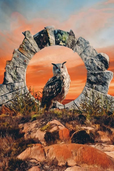 Ievgeniia Bidiuk: An Owl In The Center Of A Stone Arch With A Wildlife Backdrop by Ievgeniia Bidiuk