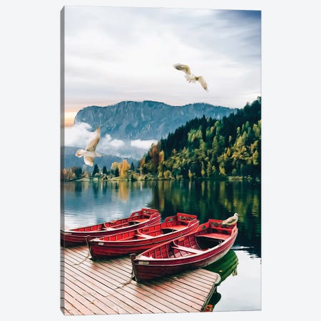 A Wooden Boat At The Pier Against The Backdrop Of A Wild Lake Canvas Print #IVG495} by Ievgeniia Bidiuk Canvas Artwork